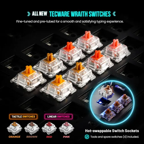 Vista 4 de TECWARE Teclado mecánico Phantom+ de 87 teclas, LED RGB, interruptor rosa Wraith