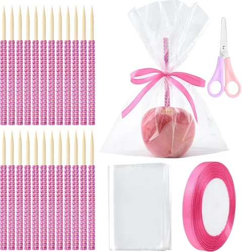 Vista 14 de Kits de palitos de manzana con 24 palitos de bambú de manzana de 6 pulgadas con diamantes de imitación de caramelo, 24 bolsas un par de tijeras un