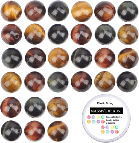 Vista 21 de 100 piezas de cuentas de cristal natural con piedras preciosas redondas sueltas de curación de energía con cordón elástico de cristal para hacer