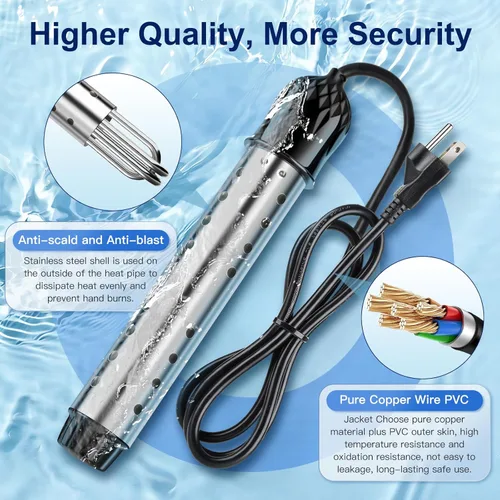 Vista 4 de Calentador de agua de inmersión de 1500 W con termómetro digital, calentador de cubo portátil con apagado automático y protector de acero inoxidable