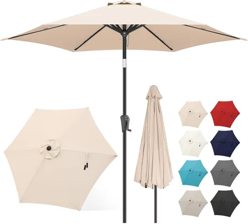 Vista 11 de FLAME&SHADE - Paraguas de 9 pies para patio - Paraguas de exterior de 2 niveles con botón de inclinación y manivela para protección UV, paraguas
