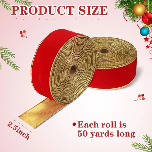 Vista 2 de Giegxin 2 Rolls Christmas Velvet Ribbon Wired Gold Edge Ribbon for Gift Wrapping Xmas Tree Wreath Bows Crafts Decor(2.5 Inch x 50 Yard)