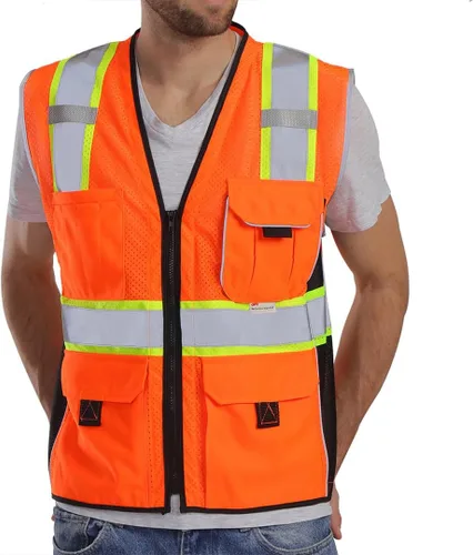 Vista 12 de Dib Safety Chaleco reflectante de malla negra, chaleco de alta visibilidad con bolsillos y cremallera, resistente, fabricado con cinta reflectante