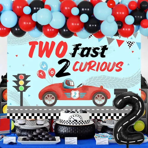 Vista 3 de Two Fast Two Curious - Decoraciones de cumpleaños para niño, decoración de segundo cumpleaños de coche de carreras, retro, rojo, negro, azul, arco