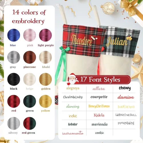 Vista 3 de 1 Pack Personalized Christmas Stockings for Kids,Custom Embroidered Name+Logo Pattern Burlap Plaid 3D Xmas Stockings 18'',Family Decoration 3d-04