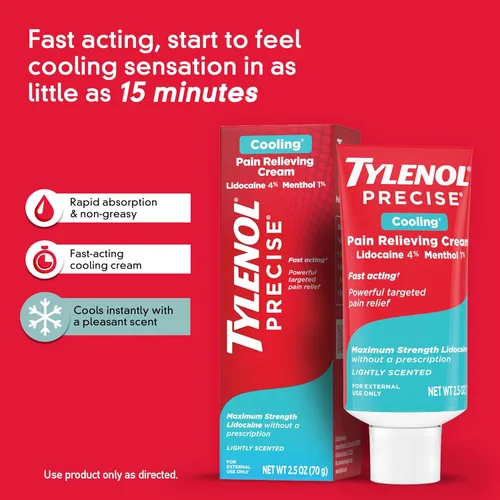 Vista 5 de Tylenol Crema de lidocaína refrescante precisa, 4% lidocaína y 1% mentol, alivio máximo del dolor de fuerza OTC para espalda, músculos