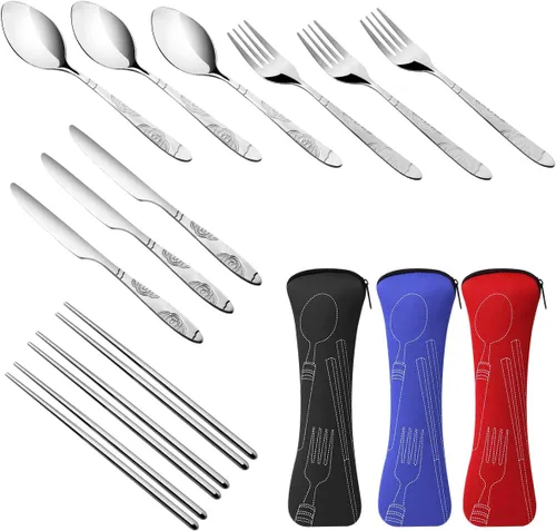Vista 3 de Arroyner Paquete de 3 cubiertos reutilizables con cuchillo, tenedor, cuchara, palillos, 12 piezas de vajilla portátil de acero inoxidable de viaje