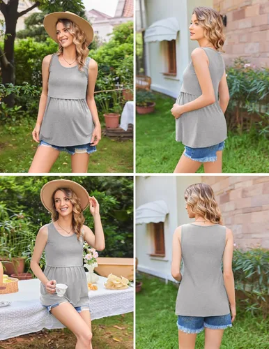 Vista 5 de Ekouaer Camiseta sin mangas de maternidad para mujer, cuello redondo, paquete de 3 unidades, ropa de embarazo de doble capa