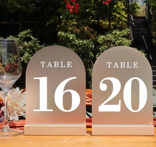 Vista 11 de Números de mesa de boda del 1 al 10, letreros de arco acrílico con soportes de madera natural, decoración de mesa rústica para recepción y fiestas