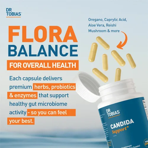 Vista 2 de Dr. Tobias Candida Support, complejo de equilibrio de flora intestinal con orégano, ácido caprílico, enzimas y probióticos, apoya la limpieza