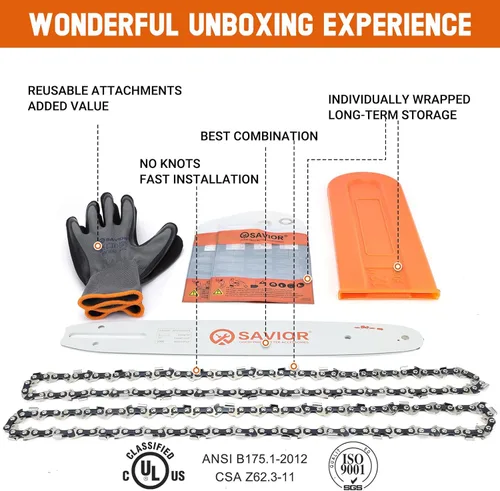 Vista 5 de Savior Cadena de motosierra de 12 pulgadas con barra de 45 eslabones de transmisión calibre .043 3/8 LP para Dewalt DCCS620B DCCS620P1 Craftsman