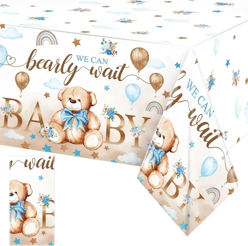 Vista 10 de Tegeme Paquete de 1 mantel de plástico para baby shower, con diseño de oso con texto en inglés «We Can Bearly Wait», para fiestas de cumpleaños
