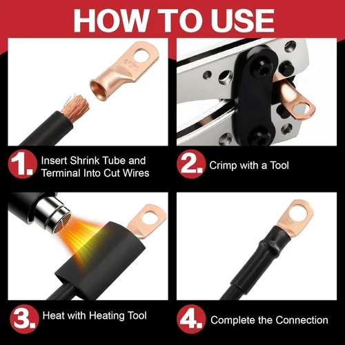 Vista 4 de 20 conectores de cable de batería resistentes de 4 AWG, terminales de cobre de calibre 4 3/8 5/16, anillos de cable, ojales con 20 tubos