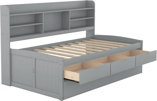Vista 238 de Quarte Elegante cama de plataforma con estanterías en forma de L, cama de plataforma de madera tamaño individual con 2 cajones de almacenamiento