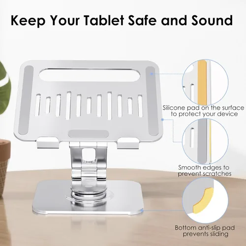 Vista 5 de Soporte para tablet para escritorio, giratorio de 360° para soporte de iPad, soporte ajustable de aluminio para tableta, compatible con iPad Pro Air