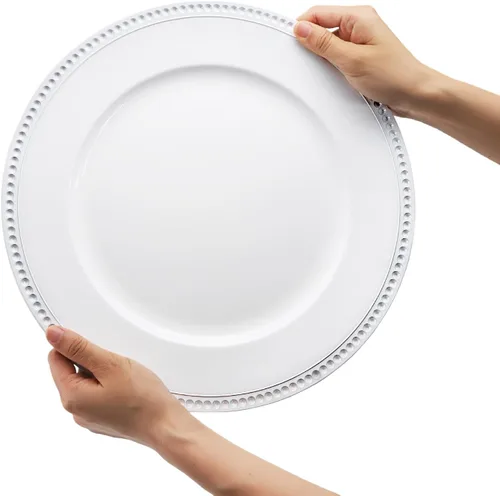 Vista 5 de Okllen Paquete de 12 platos de carga redondos de plástico, cargadores de cena de 13 pulgadas, platos decorativos con borde de cuentas, platos