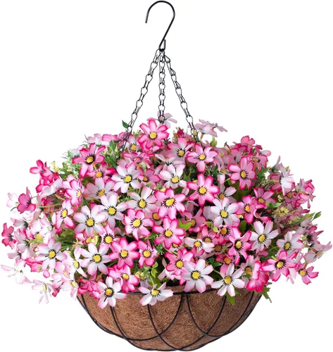 Vista 9 de INXUGAO Flores colgantes artificiales con cesta de 12 pulgadas para decoración al aire libre, margarita de seda sintética, resistentes a los rayos