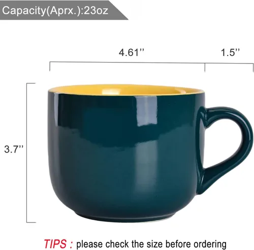 Vista 2 de WHJY Simple - Tazas de sopa de cerámica con tapa, tazas de sopa de 22 onzas con asa, tazón de avena para microondas con tapa y asa para leche, té