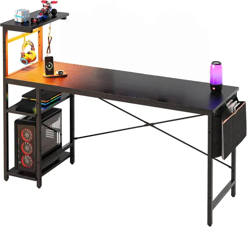 Vista 35 de Bestier Escritorio para juegos con tomas de corriente, escritorio LED grande de 61 pulgadas con estantes reversibles de 4 niveles, mesa