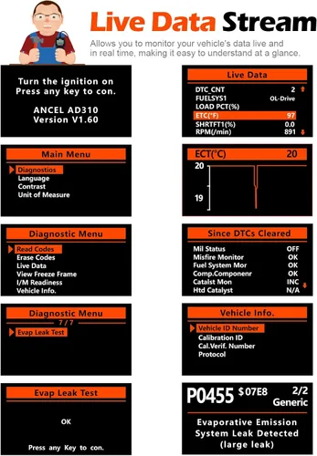 Vista 4 de ANCEL AD310 Escáner universal clásico mejorado OBD II, Lector de códigos de errores para motor de auto, Herramienta de escaneo de diagnósticos CAN