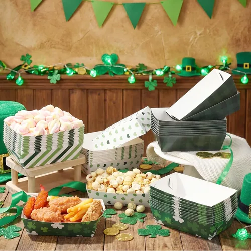 Vista 2 de Dunzoom 24 platos de papel para el día de San Patricio, bandejas de comida verdes para servir aperitivos, bandejas desechables de trébol irlandés