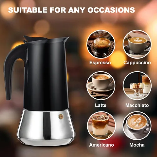 Vista 6 de Estufa de 2 tazas de acero inoxidable, cafetera italiana, capacidad para café moca, cocina clásica de inducción para el hogar y campamento, 3.3