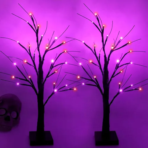 Decoraciones de Halloween para interior, paquete de 2 árboles de Halloween negros iluminados de 2 pies con 48 luces LED naranjas y moradas, función