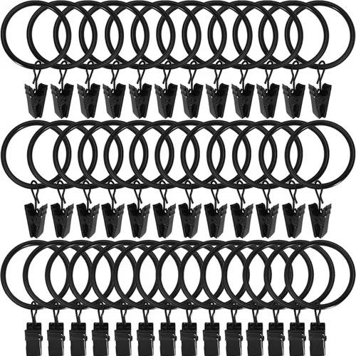 WeeksEight Paquete de 44 anillos de cortina negros con clips, ganchos de cortina, ganchos de clip para colgar cortinas, lazos, sombreros, anillos de