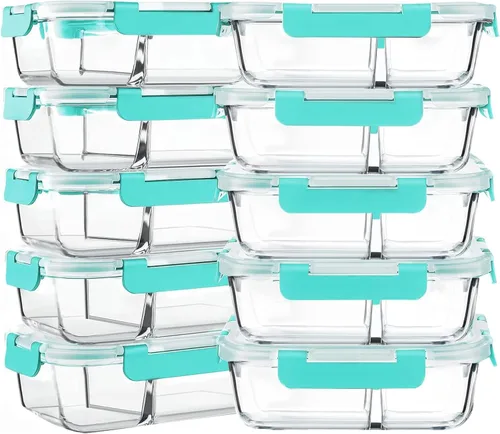 Vista 9 de M MCIRCO Paquete de 10 recipientes de vidrio de 30 onzas para preparación de comidas, 2 compartimentos, cajas herméticas Bento con tapas