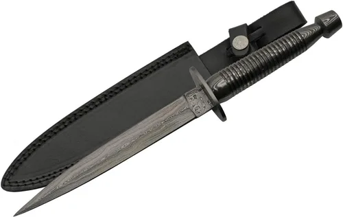 SZCO SUPPLIES Daga de Comando de Acero Damasco de 12" con funda de cuero, negro, 12.5 pulgadas (DM-1262DM)