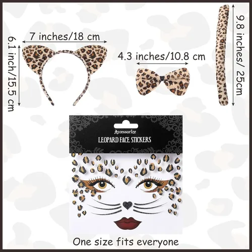 Vista 2 de Janinka Conjunto de disfraz de leopardo, orejas de gato, diadema de moño y cola, 2 hojas de calcomanías temporales de leopardo para la cara