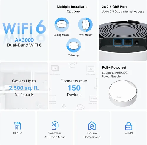 Vista 3 de TP-Link AX3000 PoE Mesh WiFi - Malla WiFi 6 para montaje en techo/pared, reemplazo del enrutador WiFi, punto de acceso y extensor de alcance