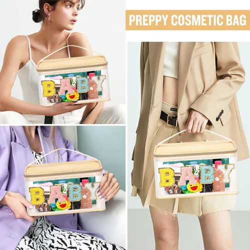 Vista 5 de izuzta Bolsas de maquillaje transparentes con letras de chenilla, bolsa de maquillaje de parche preppy con asa