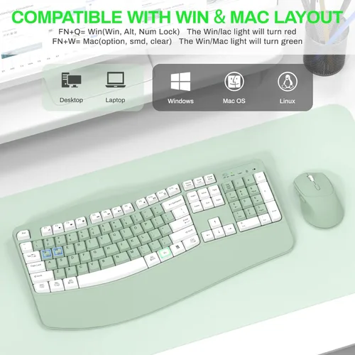 Vista 8 de Combo de teclado y mouse inalámbricos, teclas onduladas de tamaño completo 2.4G, teclado ergonómico con reposamuñecas para escritura natural, mouse