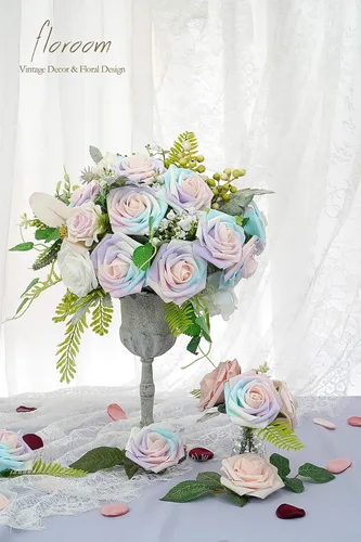 Vista 16 de Floroom Flores artificiales, 25 piezas de rosas falsas de espuma dorada antigua de aspecto real con tallos para ramos de boda DIY, centros de mesa