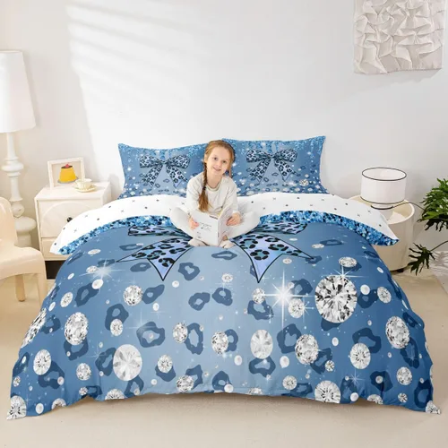Vista 2 de Feelyou Coquette Bow Bedding Set Twin Size Leopared Bows Comforter Cover for Kids Teens Adults Glitter Diamond Blue Duvet Cover Cute Bowknot Room