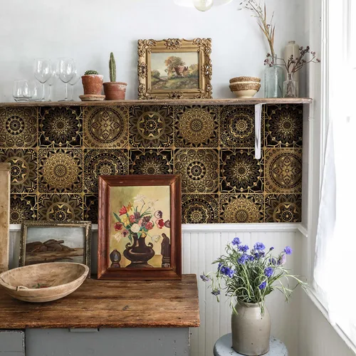 Vista 8 de Lukery Azulejo de despegar y pegar, impermeable, para cocina, mandala, azulejos autoadhesivos, azulejos de PVC, azulejos de pared, azulejos