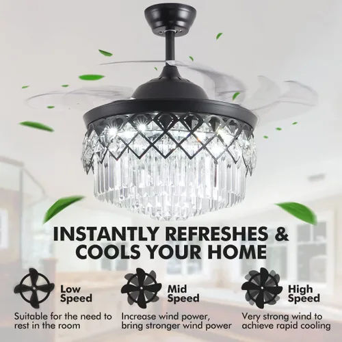 Vista 4 de Ventiladores de techo modernos de 42 pulgadas con luces y control remoto, ventiladores de techo de cristal negro con luces, con cuchillas