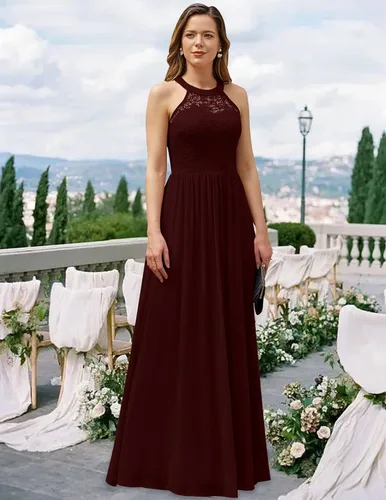 Vista 4 de Vestido formal de encaje floral halter sin mangas para mujer vestido de dama de honor