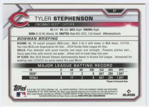 Vista 2 de 2021 Bowman Chrome #87 Tyler Stephenson RC Rookie Cincinnati Reds MLB Baseball Trading Card