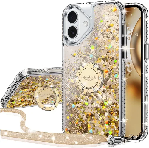 Vista 40 de Silverback Funda para iPhone 15, funda con purpurina holográfica líquida en movimiento con soporte, para niñas y mujeres, funda protectora