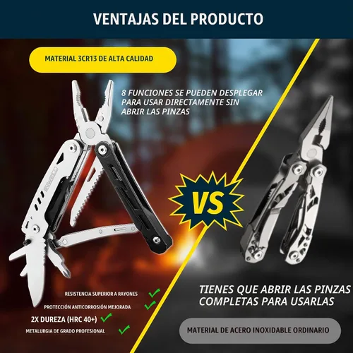 Vista 4 de Alicates multifunción 12 en 1 con cierre de seguridad, encendedor y silbato, cuchillo de bolsillo de acero inoxidable, multiherramienta de camping