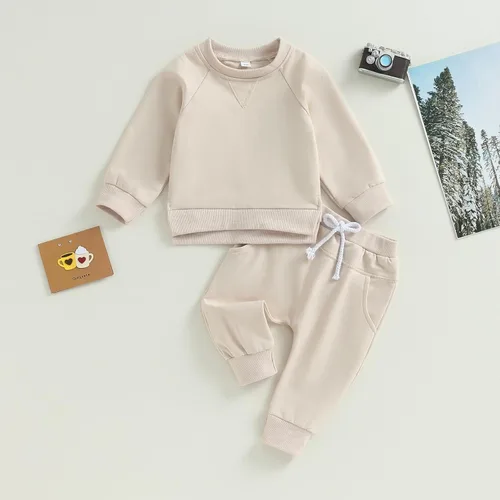 Vista 2 de Conjunto de 2 piezas de sudadera de manga larga para bebé niño y niña, color liso, 2 piezas, para otoño e invierno