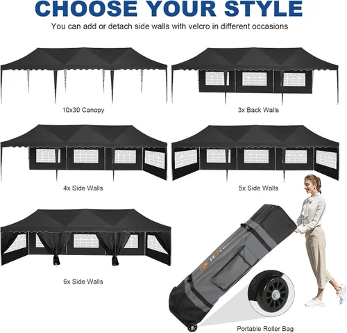 Vista 6 de HOTEEL Carpas grandes de 10 x 30 pulgadas para eventos al aire libre con 8 paredes laterales, toldo desplegable portátil fácil de instalar con bolsa