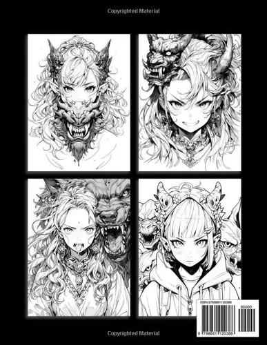 Vista 2 de Anime And Manga Coloring Book For Teens And Adults Dive into Japanese Portraits Wolves, Dragons, Skulls, Goblins, and Your Artistic Imagination