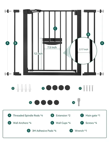 Vista 6 de BABELIO Nueva Versión Puerta de Bebé con Puerta para Gatos Ajustable, Puerta de Mascotas de Metal de 29-40" para Escaleras y Puertas, Montaje a Negro
