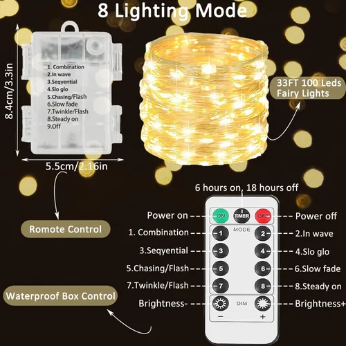 Vista 2 de Beieverluck Paquete de 10 de 33 pies, 100 luces LED de hadas a pilas, luces de hadas con control remoto y temporizador, luces de cadena impermeables