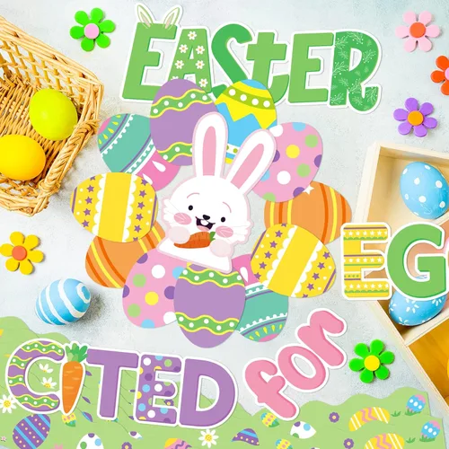 Vista 4 de Tablones de anuncios de huevos de Pascua, 100 piezas de recortes de papel con bordes de cartón, calcomanías de decoración de tablón de anuncios
