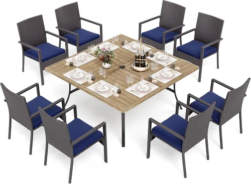 Vista 15 de PHI VILLA Juego de comedor al aire libre de 5 piezas para 4, mesa de comedor cuadrada de metal y sillas de mimbre de ratán con cojines, muebles