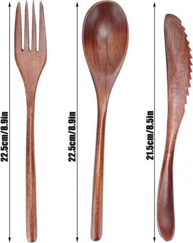 Vista 5 de Juego de cubiertos, 3 piezas de madera cubiertos de madera cuchara tenedor cuchillo juego de cocina cubiertos de madera cubiertos tenedor cuchara
